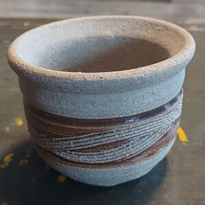 Studio Pottery Small Rustic Stoneware Planter Tea Bowl Tan Brown Textured 2.5x3